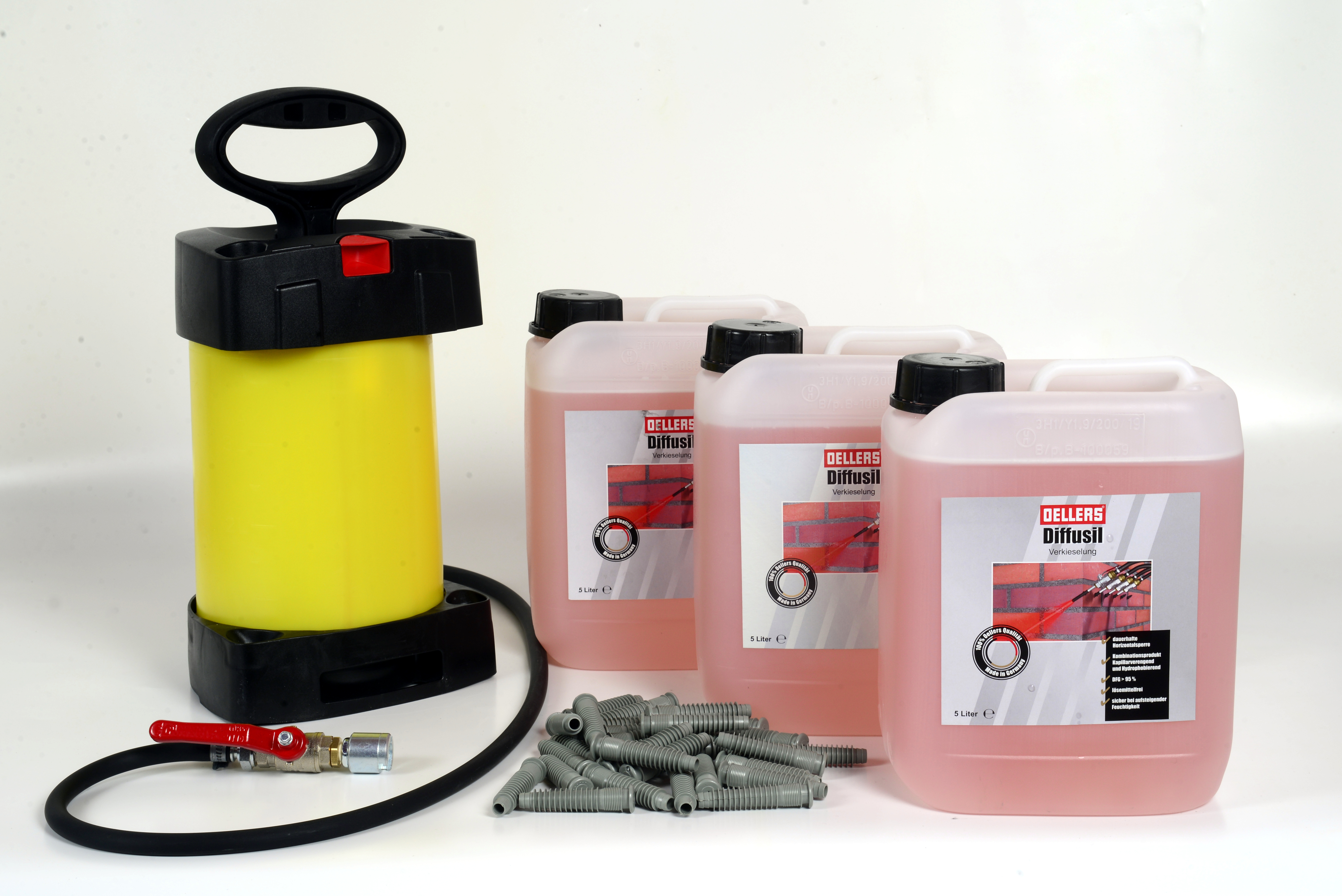 Horizontalsperre Set | 3 x 5 Liter OELLERS Diffusil + Injektionspumpe + Injektionspacker | Verkiesel